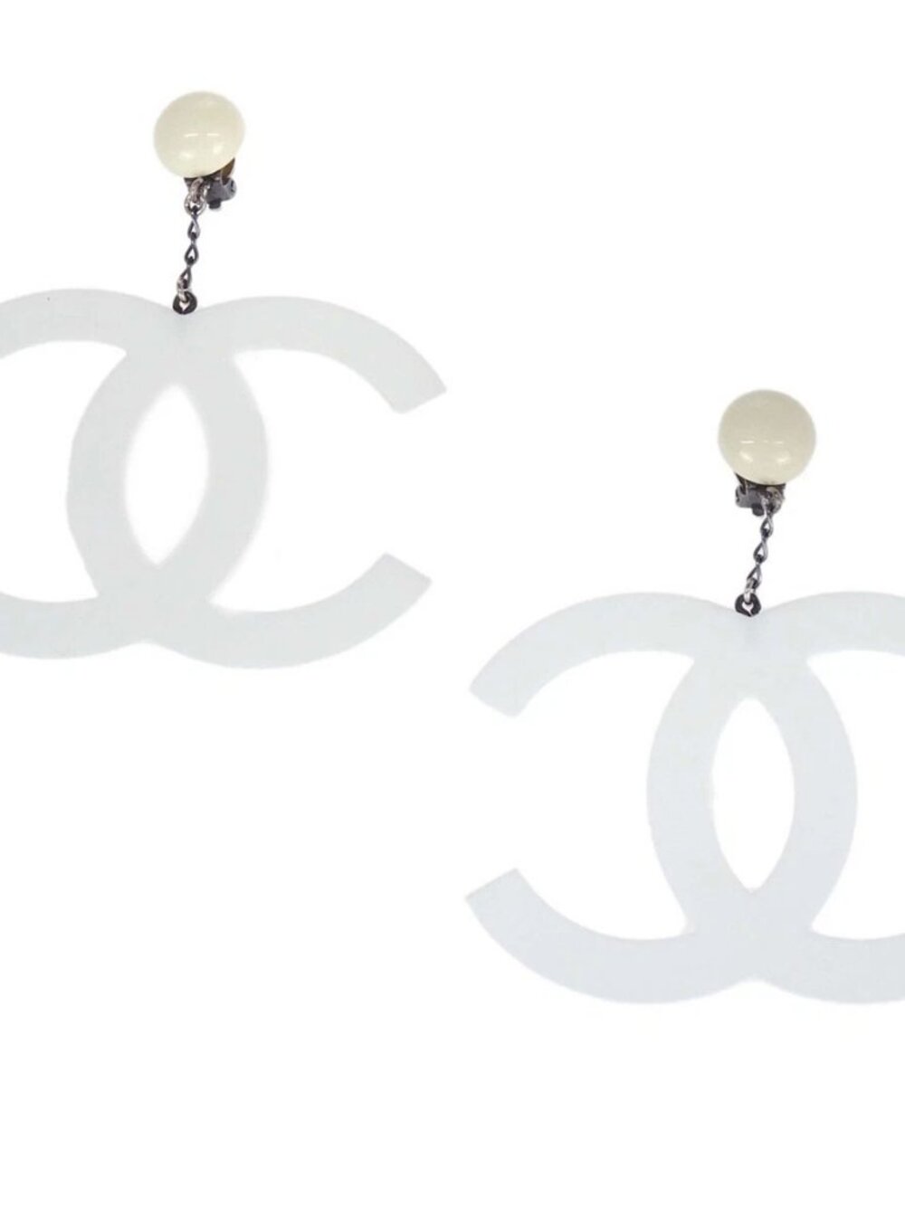 Chanel Dangle CC Clip-On Earrings White Acrylic 96P 168111